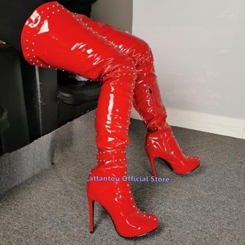 Red Patent Leather Rivets Thick Platform Glori Designer Over The Knee Thin High Heeled Women Winter Autumn Thigh Long Boots