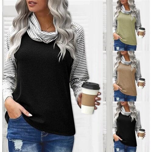 Women Stripe Print Autumn Shirts Europe Pop Casual Patchwork Streetwear Blouse Girls Fashion Loose Turtleneck Top Sweatershirt