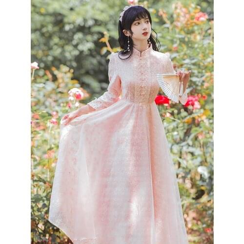 High Quality Women Pink MeshLace Embroidery Sweet Retro Dress Stand-up Collar Elegant Robe Femme Ladies Temperament Dress