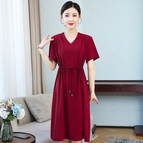 2021 New Fashion Woman Dress Elegant Draw String V-Neck Short Sleeve Knee Length Vintage Dress for Women Plus Size Dresses