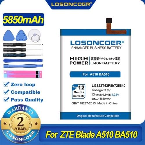 100% Original LOSONCOER 5850mAh Li3822T43P8h725640 Battery for ZTE Blade A510 BA510