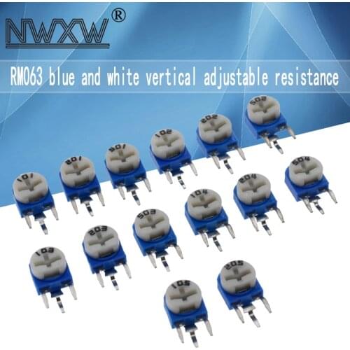 20 rm063 adjustable resistors 100R 200 500 1k 2k 5k 10k 20k 50k 100k 200k 500k 1m ohm blue and white vertical potentiometer