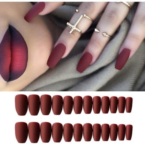 24pcs Wine Red Matte Coffin Ballerina False Nail Art Tips With Glue Acrylic Full Cover Fake Nails Manicure Press on Nail Tools