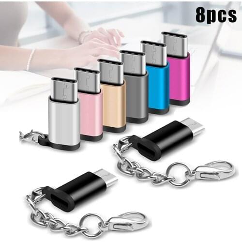 8Pcs Type-C Male to Micro USB Female Converter Adapter with Keychain for Huawei Samsung JR Deals