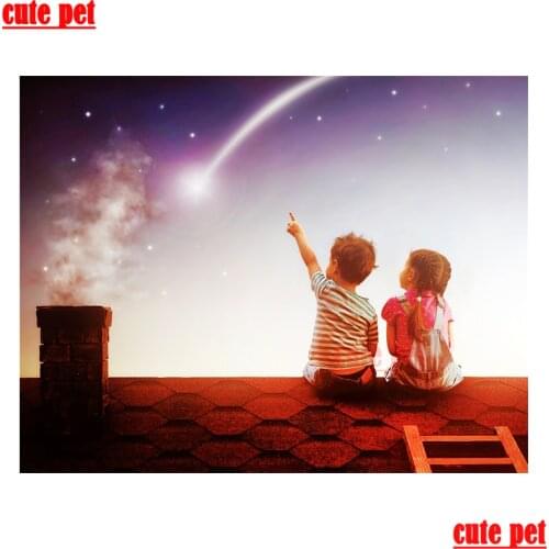 Cute pet DIY Diamond Painting Little boys and girls watching stars 5D Embroidery Full Square Drill CrossStitch Mosaic Decor gift