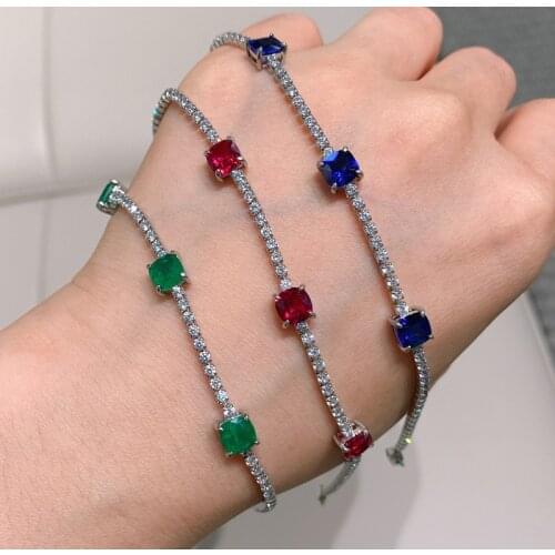 Fashion 100% 925 Sterling Silver Emerald Sapphire Ruby Diamond Bracelet for Women Concise Charm Bracelets Wholesale Jewelry