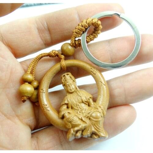 Mahogany Three-dimensional Engraving Keychain Lifelike Guanyin Keyring gift for friends women men jewelry car keychain 2pcs