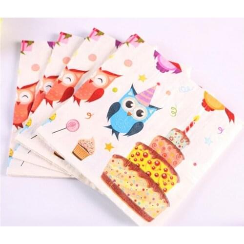 Free Shipping 20Pcs/lot 2-Layer Cartoon Owl Paper Napkins For Decoupage Birthday Decorations Kids Baby Shower