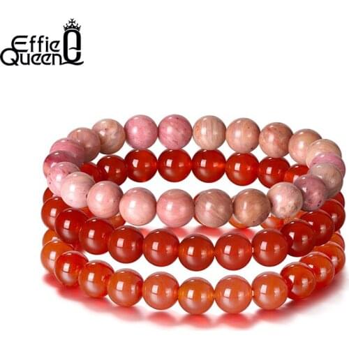 Effie Queen Red Agate Rhodonite Bracelets 8mm Stretch Set Natural Gemstone Round Bead Bracelet for Women Men 3pcs/set GMB43