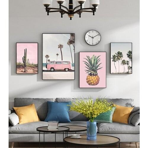 And Prints Wall Pictures For Living Room Decor Pink Bus Cactus Pineapple Blue Sea Beach Wall Art Canvas Painting Nordic Posters