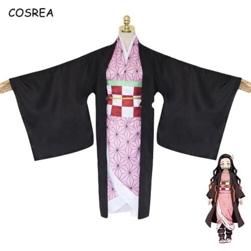 Women Girls Anime Demon Slayer Kimetsu no Yaiba Cosplay Costume Kamado Nezuko Kimono Dress Uniform Long Wigs Synthetic Hair Wigs