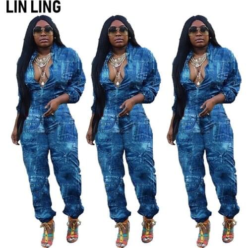 LINLING Autumn and Winter 2021 New Womens Fashion Imitation Denim Printing Loose Jumpsuit
