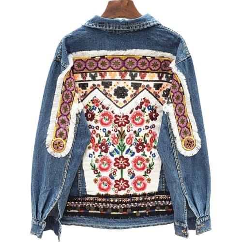 Boho Embroidery Sequins Denim Jacket Coat Women Autumn Loose Frayed Outerwear Long Sleeve Short Jeans Jacket Female Streetwear