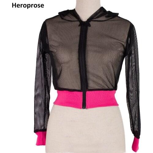 Heroprose New Fashion Women Hip Hop Slim Outwear with A Hood DS Jazz Dance Outwear Stage Female Mesh Short Jackets