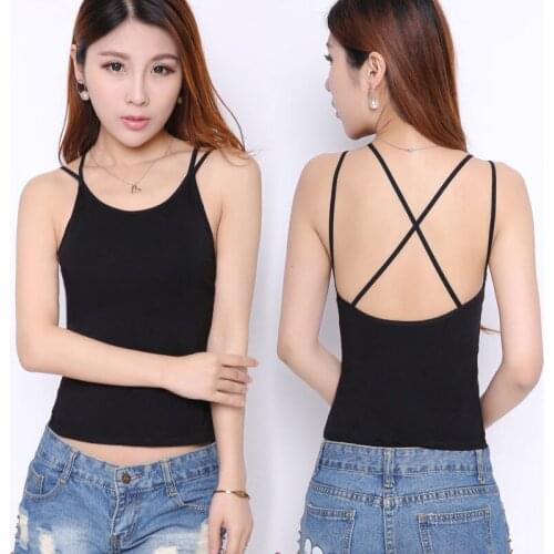 Spring summer fashion sexy tank top women pad strap cross belt back ride waistcoat white black padded sleeveless camisole female