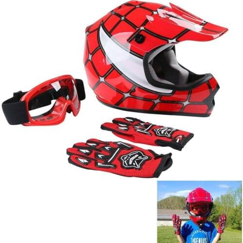 Motorcycle DOT Youth Red Spider Net Dirt Bike Motocross ATV Helmet Goggles+Gloves S/M/L/XL