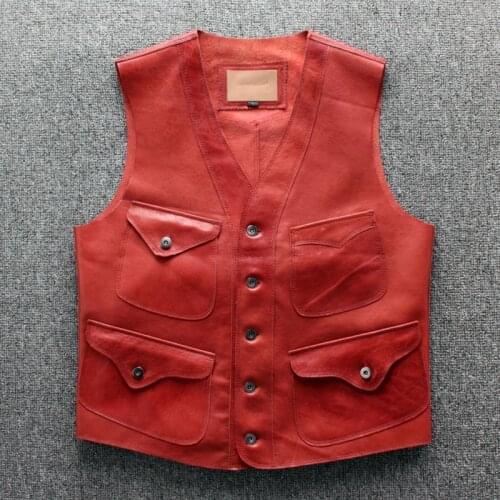 Mens Sheepskin Real Leather Vest Genuine Leather Outwear Motorcycle Biker Vests West Cowboy Style Sleeveless Jackets