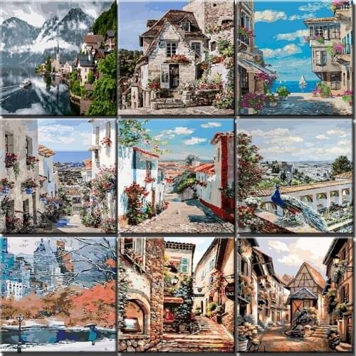 European Town Oil Painting By Numbers Landscape Building Adults Kit Pictures By Number Set Acrylic Paint Home Decor Art Crafts