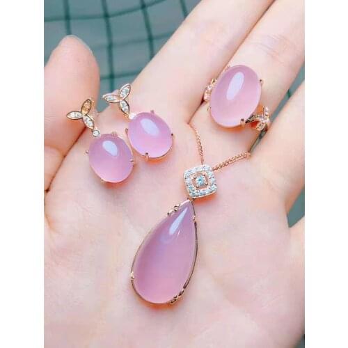Chalcedony Set Three-piece Necklace 925 Silver-inlaid Agate Pink Chalcedony Jewelry Dropping Earrings Ring Gift