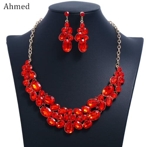 Ahmed Fashion Red Black Blue Crystal Water Drop Geometric Necklaces & Pendants Statement Necklace Earrings Wedding Jewelry set
