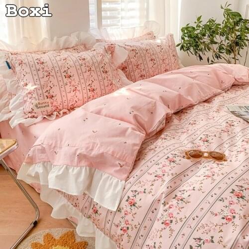 New Sweet Peach Bedding Sets Ruffle Bed Sheet Pure A/B Double-sided Pattern Queen Size Quilt Cover 100% Cotton Fitted Bed Sheets