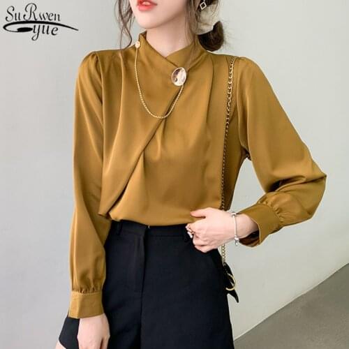 Office Lady Stand Collar Solid Shirts Women 2021 New Elegant Chiffon Women Blouse and Tops Puff Sleeve Female Clothing 13105