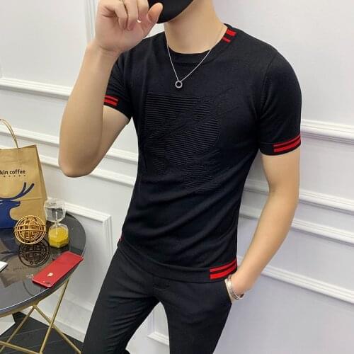 Autumn Short Sleeve Stripe Knitting Tshirt Tee Jacquard Weave High Quality Streetwear Round Sleeve T-shirt