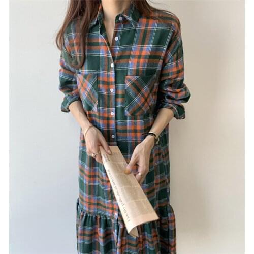 Purple Plaid Hit Color Shirts Dress Korean Style Turn-down Collar Loose Long Dress Female Casual Straight Comfort Dress 2020