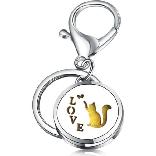Simple Love Of Cat High Quality Perfume Key Chain Stainless Steel Essential Oil Diffuser Perfume Aromatherapy Locket Key Chain