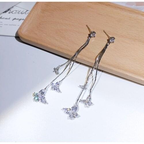 Fashionable long style three crystal butterfly tassel individual character is simple all-match earring auricle female for women
