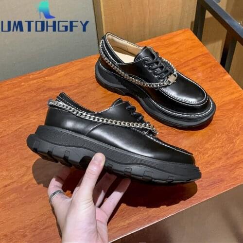 Girl Spring Autumn Metal Round Toe Genuel Leather Chunky Heel Platform Women Loafers Shoes Black Beige Punk Brand Designer Pumps