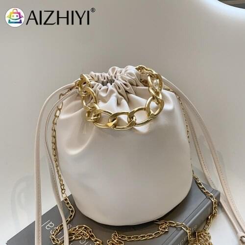 Vintage Women PU Leather Pure Color Drawstring Shoulder Crossbody Bag Casual Ladies Thick Chain Mini Bucket Handbag Purse