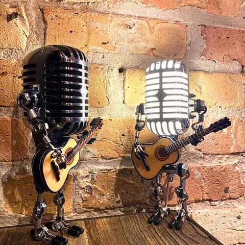 Vintage Microphone Robot Touch Dimmer Lamp Table Lamp Metal Microphone Robot Lamp with Mini Guitar Touch Dimmer Lamp Desk Lamp