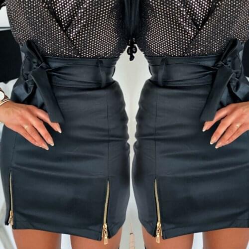 Women Fashion PU Leather Pencil Skirts With Belt Summer Spring Bodycon High Waist Stretch Skirts Slim Fit Zipper Bow Mini Skirt