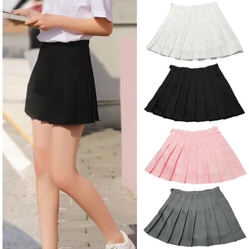 Summer Womens Girls Ladies Pleated A-Line Mini Tennis Skirt High Waist Black White Gray Pink Japanese Preppy style Uniform Skirt