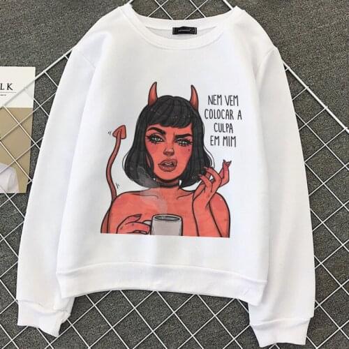 Nem Vem Colocar A Culpa Em Mim Hoodie Tee Female Devil Graphic Print Women Hoodies 2020 New Fashion Casual White Tops Sweatshirt