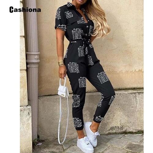 Women Fashion Letter Print Jumpsuits Sexy Femme Clothing 2021 Summer Belted Trousers Slim Fit Rompers Short Sleeve Bodysuits