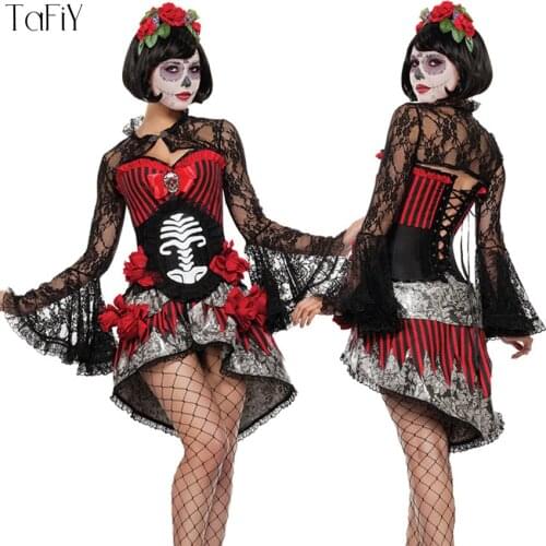 TaFiY Sexy Zombie Cosplay Red Ghost Bride Costumes Witch Princess Mesh Dress and HeadWear Set Halloween Costumes For Women