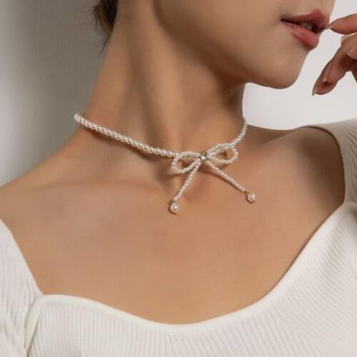 Trending Elegant Rhinestone Bowknot Pearls Choker Necklace for Women Fairy Beaded Clavicle Necklace Colar Chocker Jewelry Gift