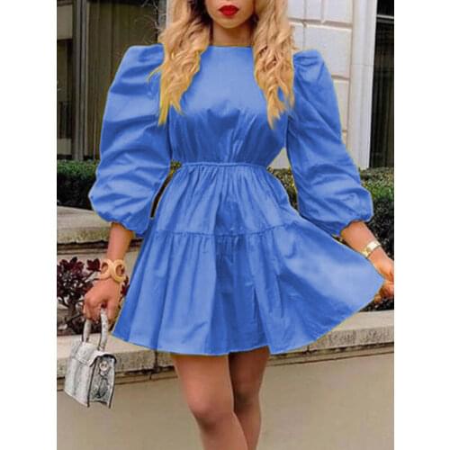 Women Blue Dress A Line Pleated Summer Elegant Fashion Mini Tunics Long Sleeve Ruffle Dresses Casual Party Outfits Plus Size 2XL
