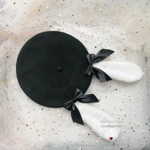 2021 Japanese Soft sister Kawaii Beret Hat Lolita Girls Sweet Cute Wild Plush Rabbit Ears Bowknot Hat Handmade Headdress Cosplay