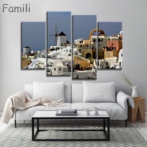 4 Panel Modern Painting Home Decorative Art Picture Greece Santorini Island Scenery Printed Painting Living Room Wall Hanging