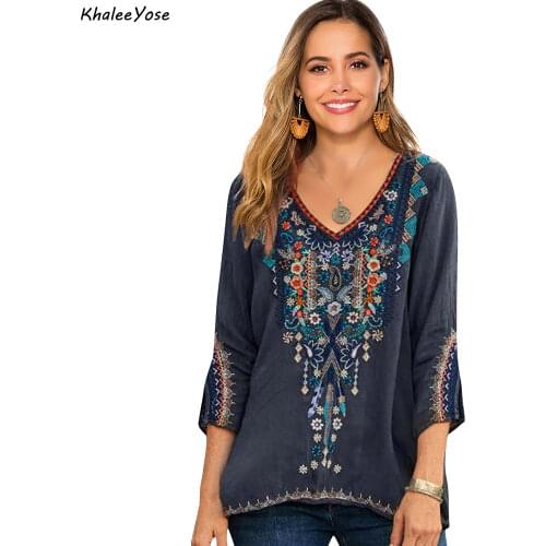 KHALEE YOSE Boho Embroidery Blouses Shirt Cotton Spring Autumn Vintage Plus Size Mexican Shirt Long Sleeve 3xl Women Ethnic Top