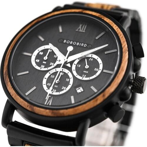 BOBO BIRD Wood Mens Watch Luxury Stylish Chronograph Military Watches Timepieces Auto Date in Wooden Gift Box Relogio Masculino