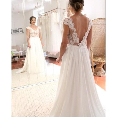 Boho Wedding Dress V-Back Lace A-Line Scoop Bohemian Vintage Gorgeous For Women Lady Button Sweep Train Charming Cheap Rustic