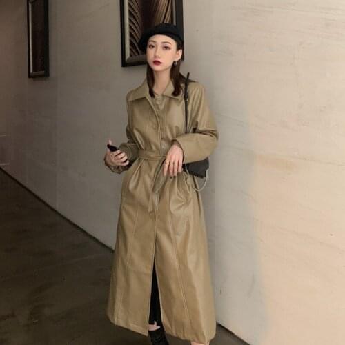 GOOHOJIO Cool PU Leather Long Jacket 2020 Fashion Women Jacket Loose Belt PU Leather Windbreaker Trench Women Coat Slim Autumn