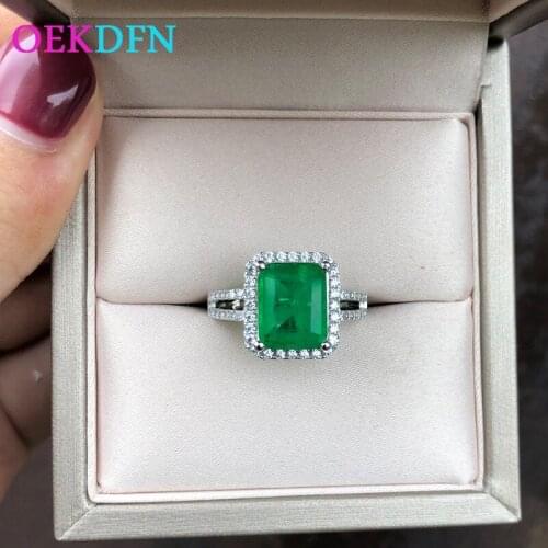 OEKDFN 100% 925 Sterling Silver Ring For Women Big Emerald Gemstone Wedding Engagement Cocktail Ring Bijoux Finger Bands Jewelry
