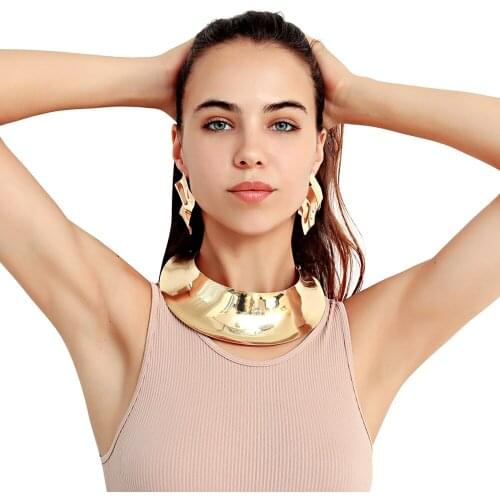 Hyperbole Jewelry Sets Punk Alloy Gold&Silver Color Choker Bib Necklace Statement Collar Distorted Shape Drop Earrings for Women