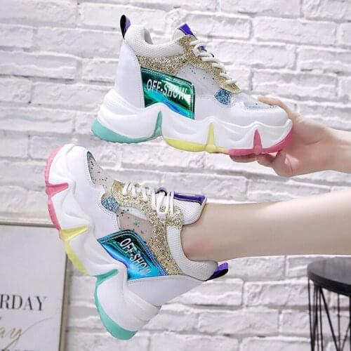 Women Chunky Platform Sneakers Luxury Designers Fashion 9cm High Heels Mesh Breathable Bling Casual Shoes Woman Vulcanized Shoes
