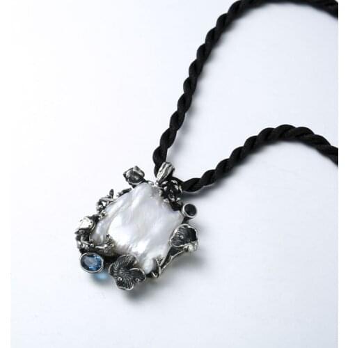 S925 Sterling Silver Baroque Shaped Natural Pearl Retro Thai Silver Inlay Tourmaline Vintage Pendant Manufacturer Wholesale